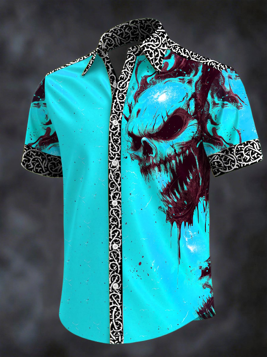 Men's Retro Horror Skull Print Lapel Short Sleeve Shirt