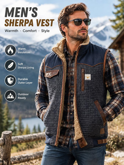 Men's Vintage-Style Textured Jacquard Knit & Leather-Panel Outdoor Warm Hooded Vest