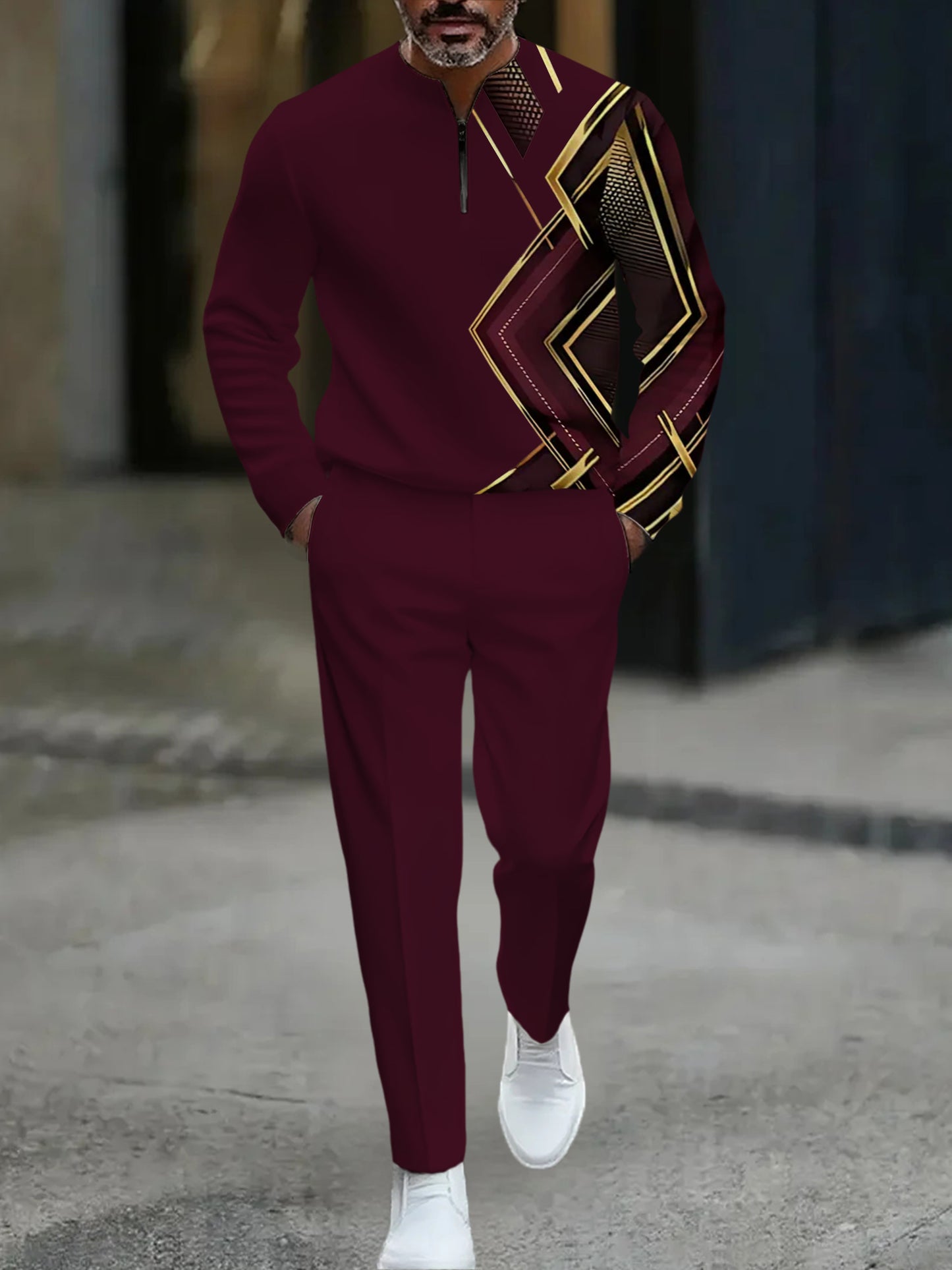 Men's Casual Maroon & Gold Color Matching Asymmetric Printed Round-Neck Zipper Long Sleeved Sweatshirt & Trousers Two-Piece Set