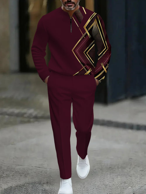 Men's Casual Maroon & Gold Color Matching Asymmetric Printed Round-Neck Zipper Long Sleeved Sweatshirt & Trousers Two-Piece Set