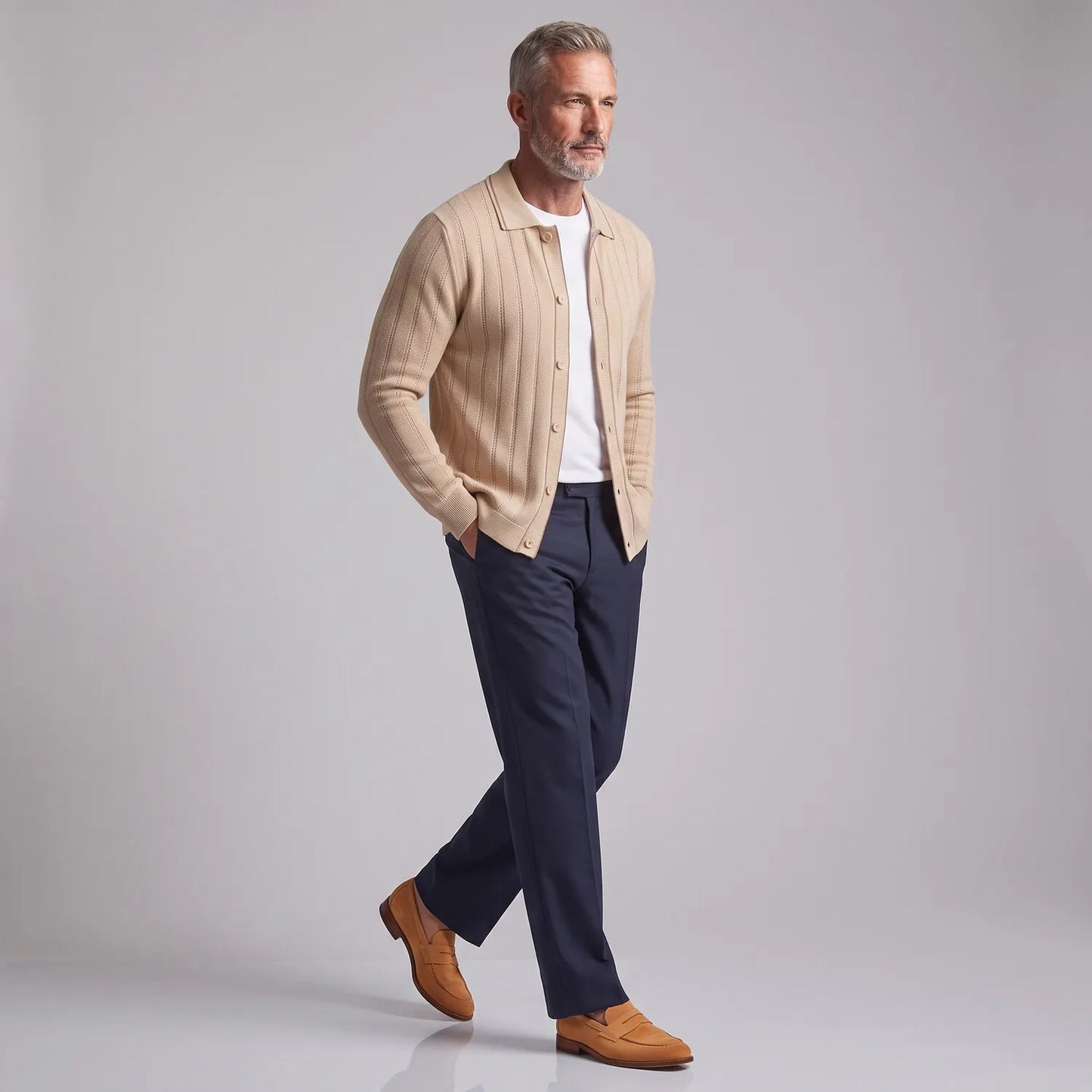 Men's Navy Blue Hollow Out Contrast Trim Single Breasted Knit Cardigan