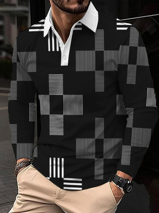 Men's Business Style Geometric Print Long Sleeve Polo