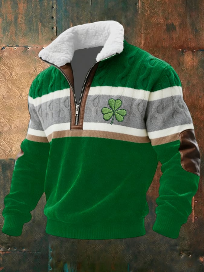 Men's Retro St. Patrick Print Jacquard Zipper Fur Collar Long Sleeve Sweatshirt