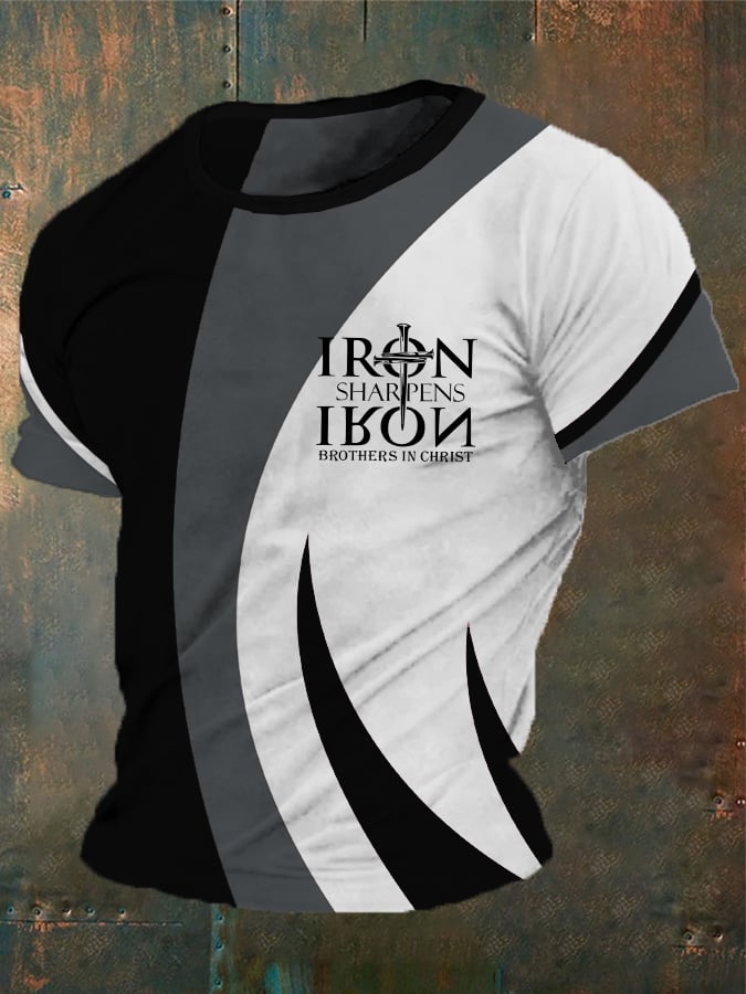 Men's vintage T-shirt with a cross print "Faith, iron sharpens iron, brothers in Christ"