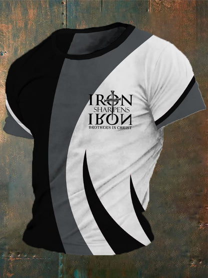 Men's vintage T-shirt with a cross print "Faith, iron sharpens iron, brothers in Christ"