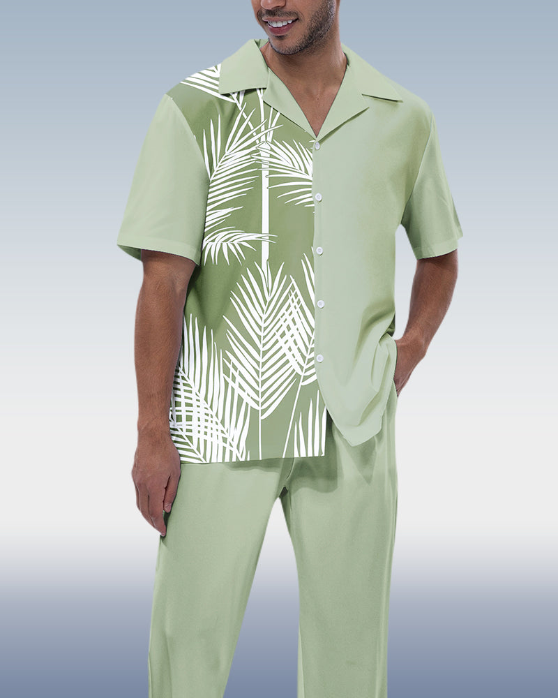 Rianmond Men's Green Leaf Print Short Sleeve Hiking Suit