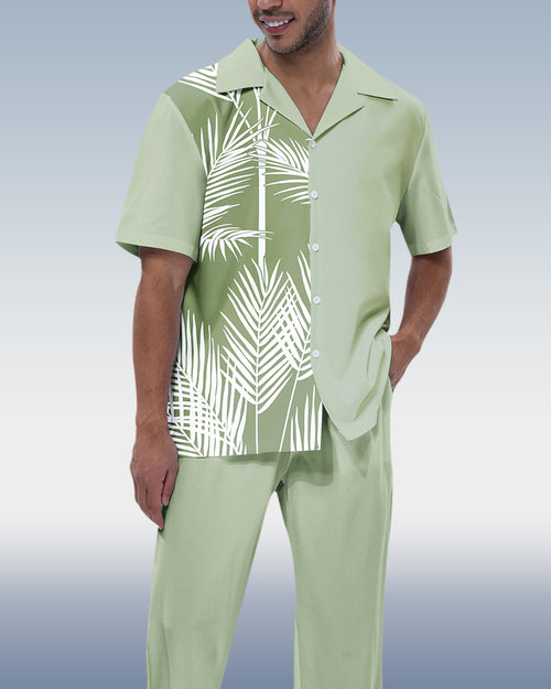 Rianmond Men's Green Leaf Print Short Sleeve Hiking Suit