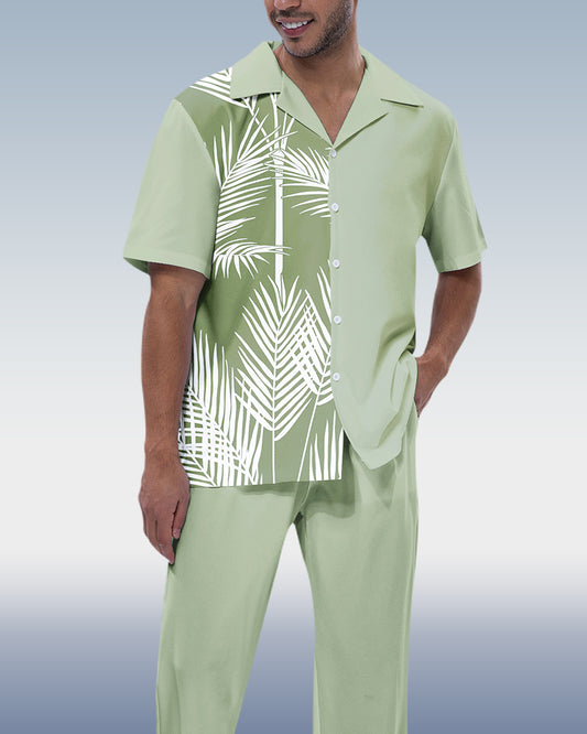 Rianmond Men's Green Leaf Print Short Sleeve Hiking Suit