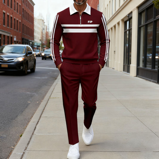Men's Casual Maroon & White Color Matching Geometric Printed Polo-Collar Zipper Long Sleeved Trousers Two-Piece Set