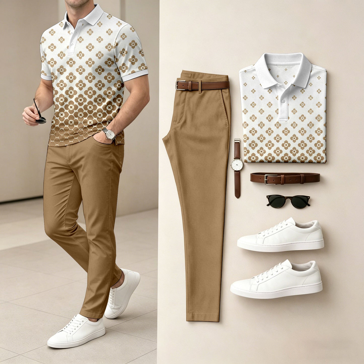 Men's Floral-Print Short-Sleeve Polo Shirt and Pants Set
