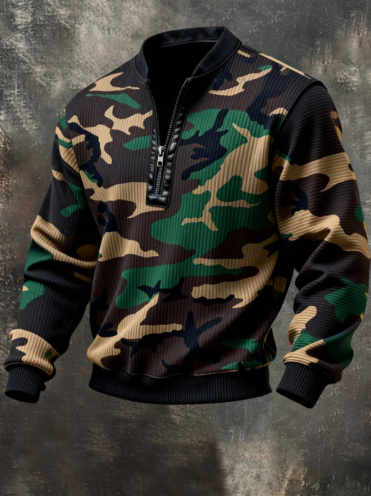 Men'S Casual Retro Contrast Color Half Zip Stand Collar Long Sleeve Sweatshirt