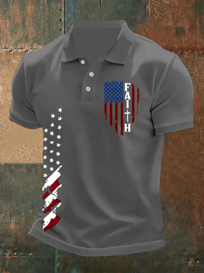 Men's Faith Cross America Flag Printed Short Sleeve POLO T-shirt