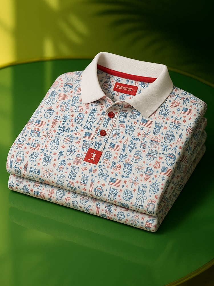 Men's Classic Business Old Money Button Short Sleeve 'Merica Polo Shirt