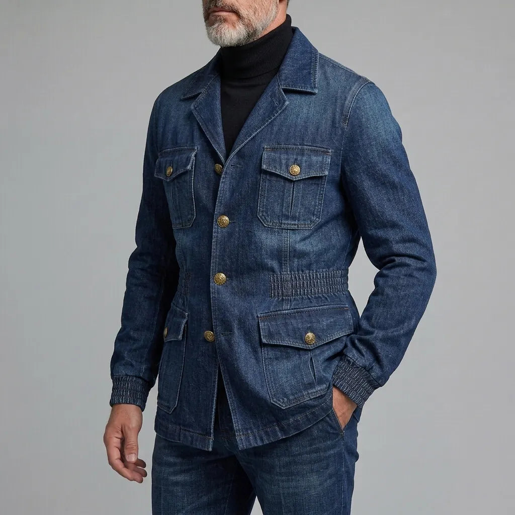 Men's Retro Navy Blue Multi-Pocket Elastic Waist Wash Denim Safari Jacket