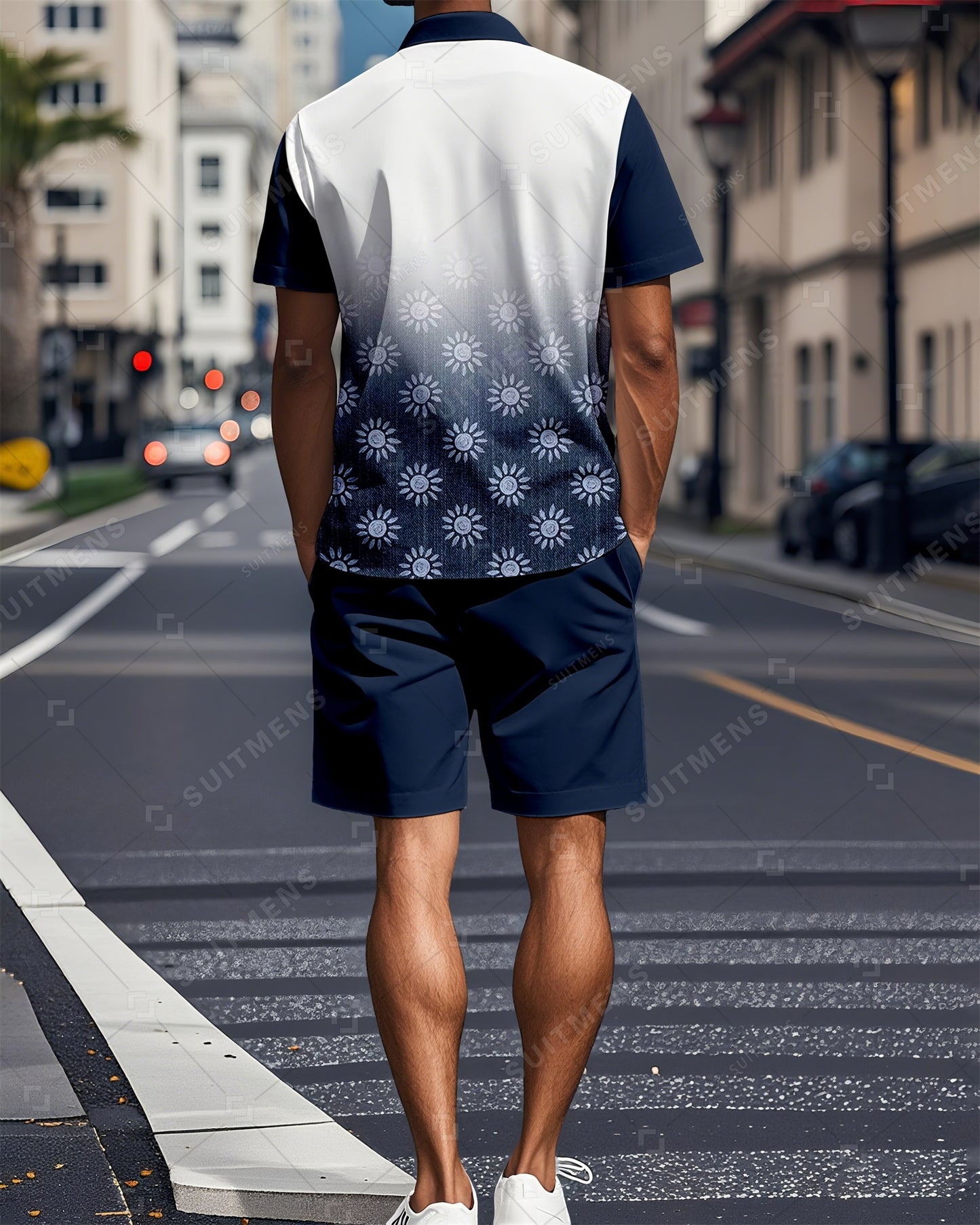 Men's Gradient Colorblock Summer Polo Short Sleeve Shorts Suit 06