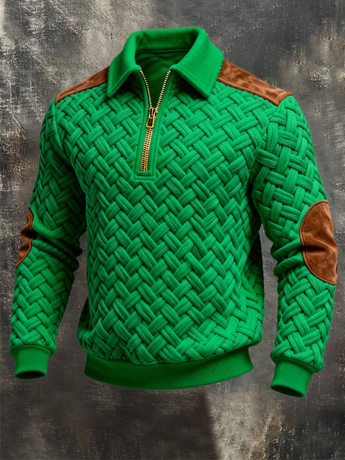Men's Retro Jacquard Textured Patchwork Comfortable Color-Blocked Zip-Up Sweatshirt
