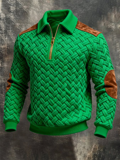 Men's Retro Jacquard Textured Patchwork Comfortable Color-Blocked Zip-Up Sweatshirt