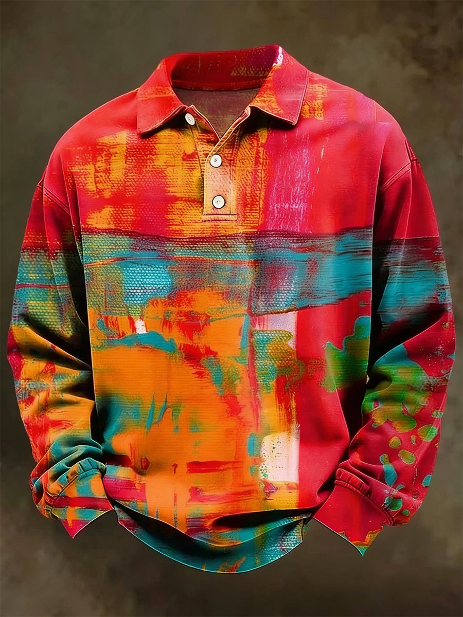 Men's Retro Faith Oil Painting Art Long-Sleeved Polo Shirt