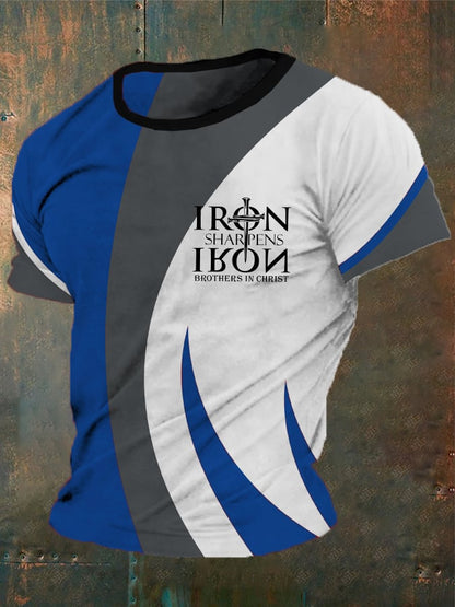 Men's vintage T-shirt with a cross print "Faith, iron sharpens iron, brothers in Christ"