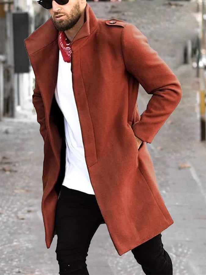 Men's Fashion Casual Standing Collar Double Breasted Faux Wool Coat