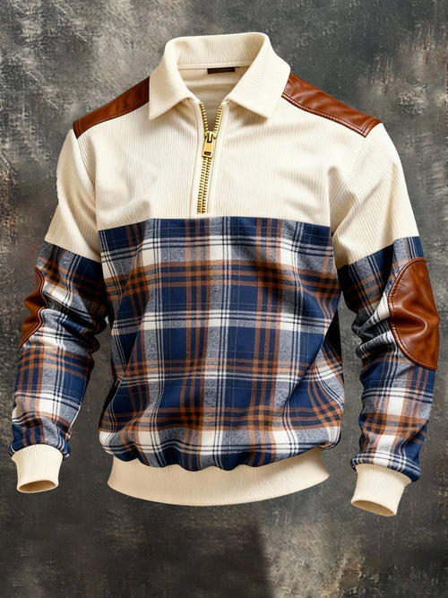 Men's Vintage Color-Block Printed Zip-Up Hoodie