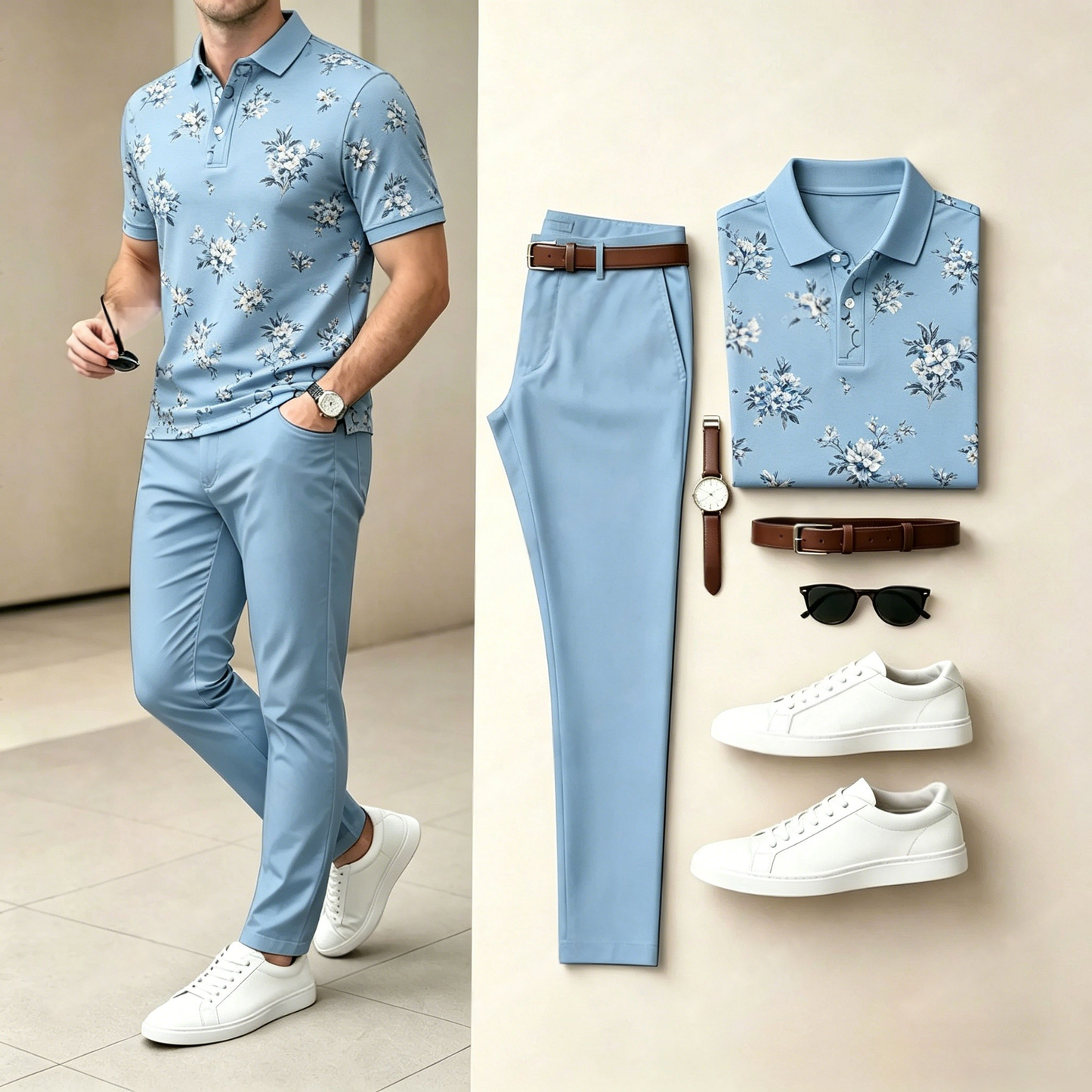 Men's casual floral printed polo shirt and pants two-piece set