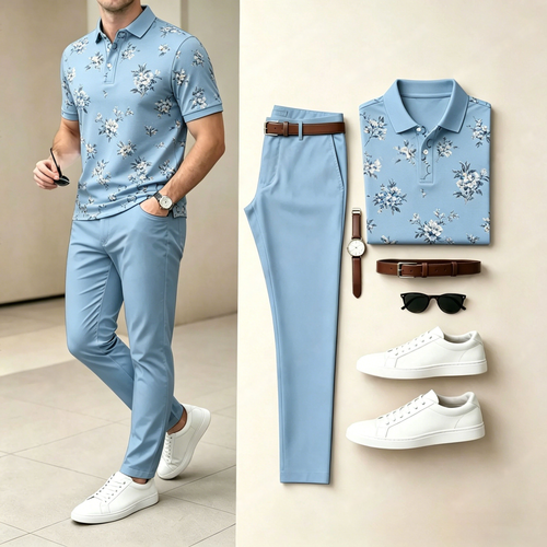 Men's casual floral printed polo shirt and pants two-piece set