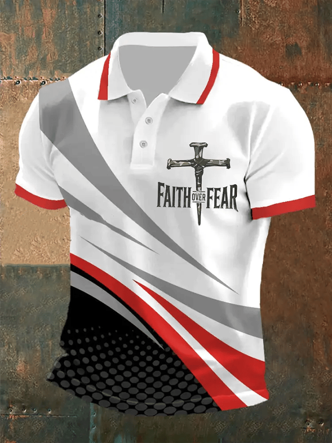 Men's Retro Faith “Faith Over Fear�? Casual Printed Polo Shirt