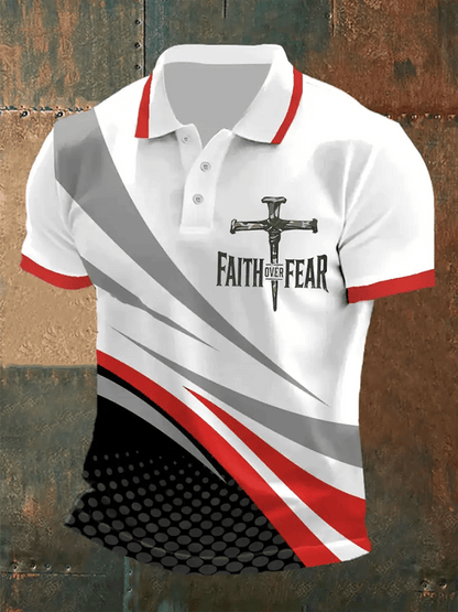 Men's Retro Faith “Faith Over Fear�? Casual Printed Polo Shirt