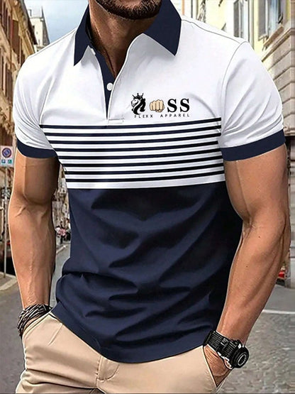 Men's Casual Striped Letter Polo Shirt