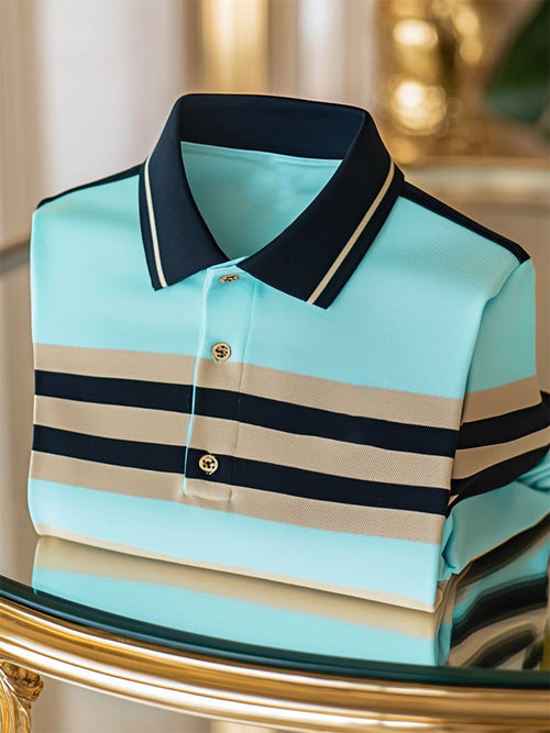 Men's Business Casual Striped Button Short Sleeve Polo Shirt