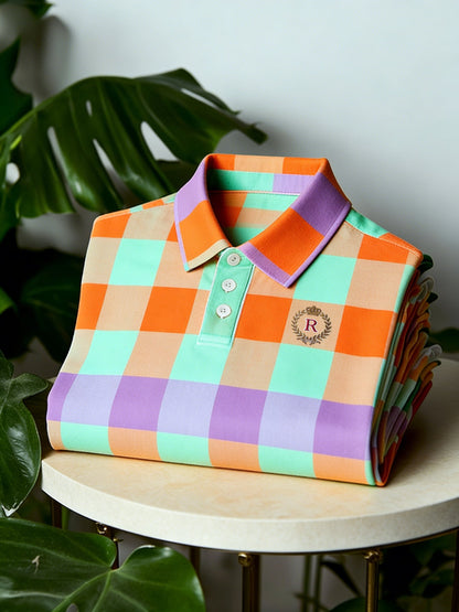 Men's Business Casual Button Short Sleeve Classic Plaid Polo Shirt