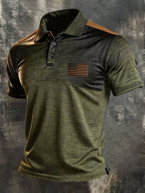 Men's Retro Patriotic Color-Block Short-Sleeve Polo Shirt