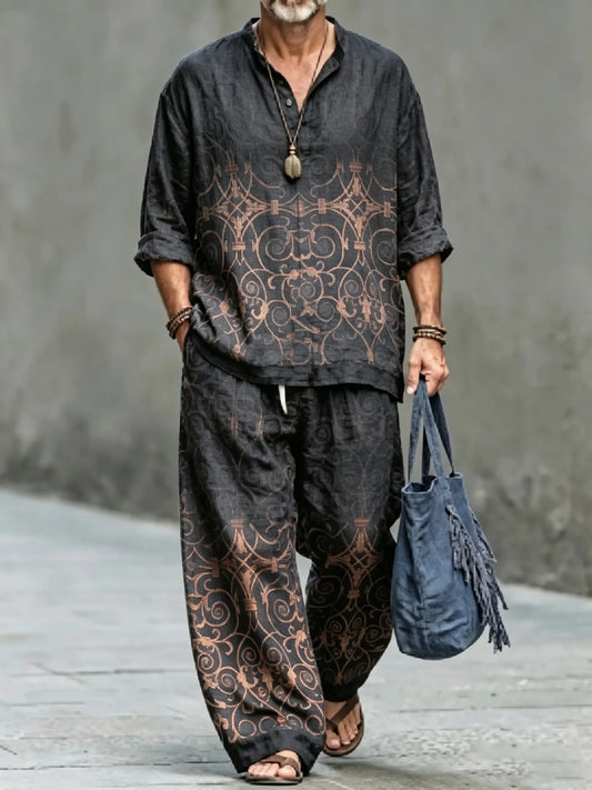 Men's Vintage Abstract Art Printed Cotton Shirt Set (Top & Pants)