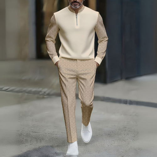 Men's Casual Color Matching Printed Round-Neck Zipper Long Sleeved Trousers Apricot Two-Piece Set