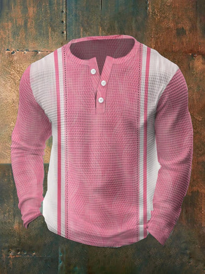 Men's Vintage Waffle Color Patch Henley Neck T-Shirt