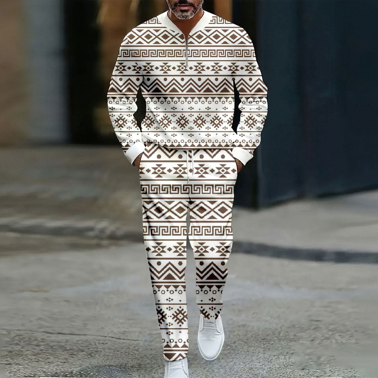 Men's Casual Color Matching Printed Polo-Collar Zipper Long Sleeved Trousers Two-Piece Set