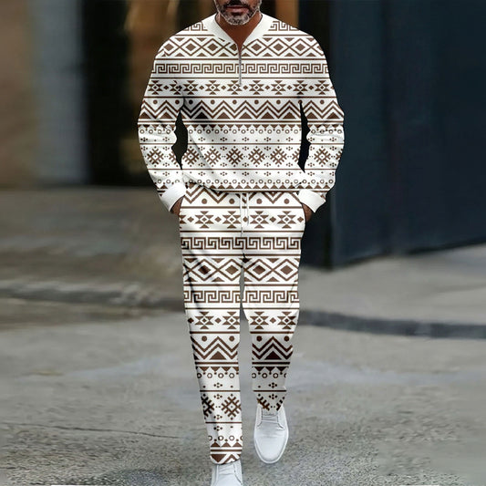 Men's Casual Color Matching Printed Polo-Collar Zipper Long Sleeved Trousers Two-Piece Set