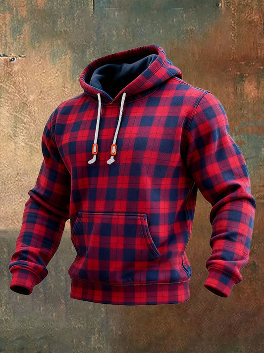 Men's Casual Retro Plaid Print Long Sleeve Hooded Sweatshirt