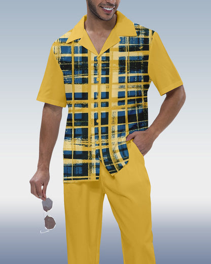 Rianmond Men's Check Print Short Sleeve Shirt Walking Set 352