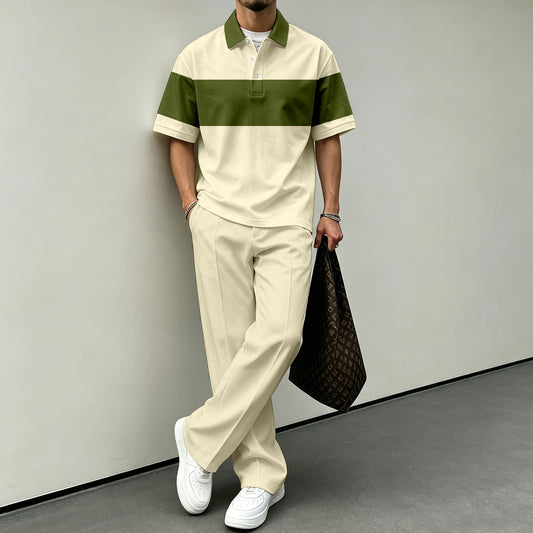Men's Color-Blocked Short-Sleeve Polo Shirt and Pants Set