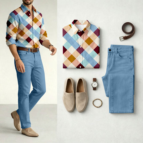 Men's Color-Blocked Checkered Long-Sleeve Shirt and Jeans Set