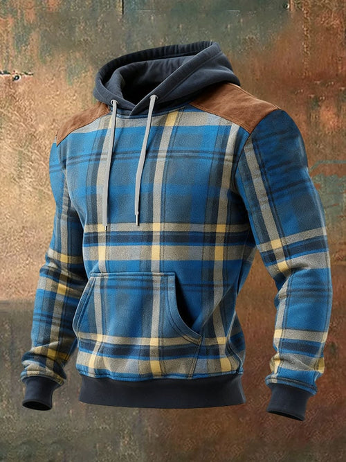 Men's Casual Retro Plaid Print Long Sleeve Hooded Sweatshirt