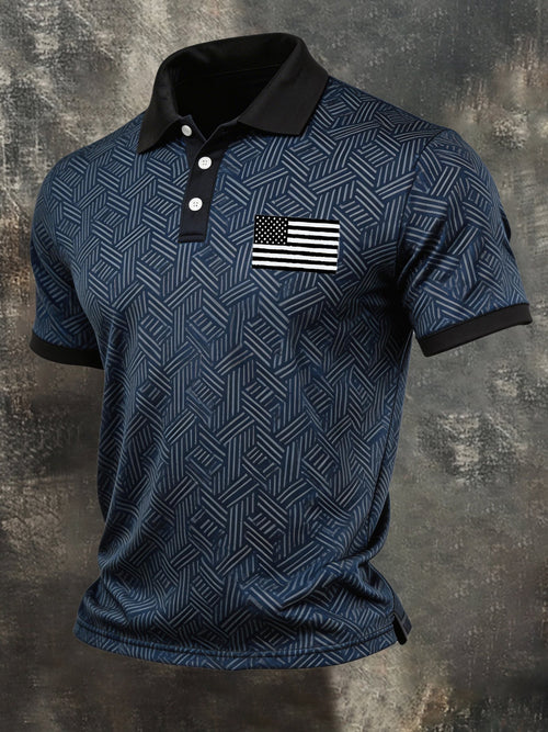Men's Retro Patriotic Color-Block Short-Sleeve Polo Shirt