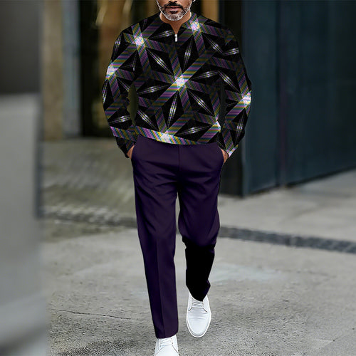 Men's Casual Color Matching Printed Round-Neck Zipper Long Sleeved Trousers Two-Piece Set