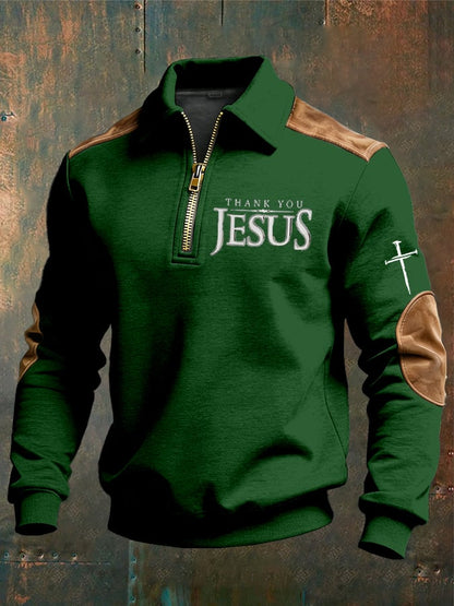 Men's vintage Faith “Thank You Jesus” Design Print Casual Zipper Sweatshirt-Fast Shipping