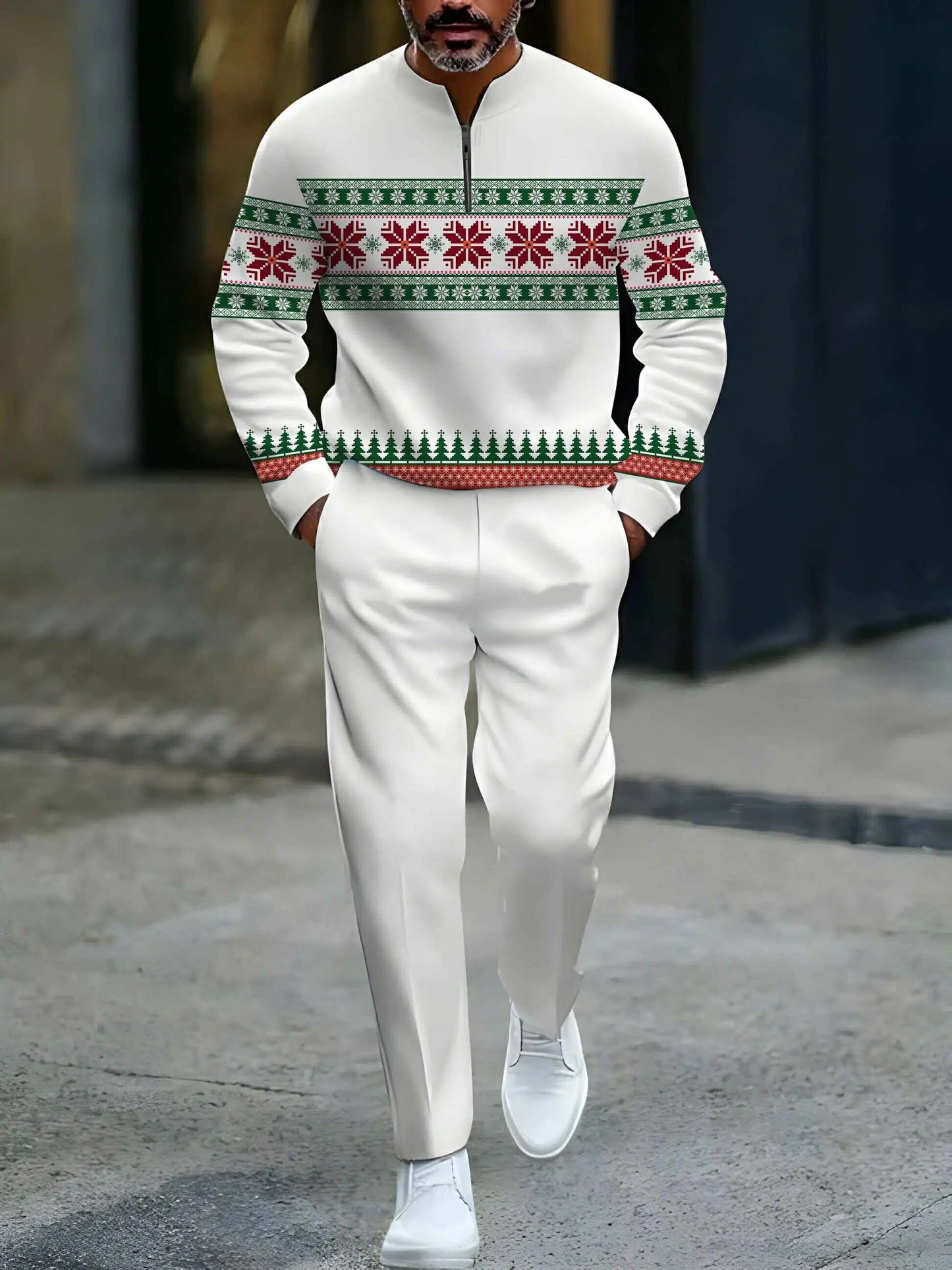 Men's Casual White & Green & White Color Matching Christmas Printed Round-Neck Zipper Long Sleeved Sweatshirt & Trousers Two-Piece Set