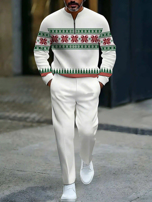 Men's Casual White & Green & White Color Matching Christmas Printed Round-Neck Zipper Long Sleeved Sweatshirt & Trousers Two-Piece Set