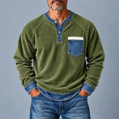 Men's Black Contrast Trim Patch Pocket Long Sleeve Pullover Corduroy Henley Shirt