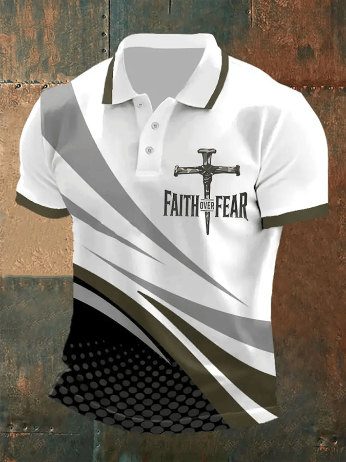 Men's Retro Faith “Faith Over Fear�? Casual Printed Polo Shirt